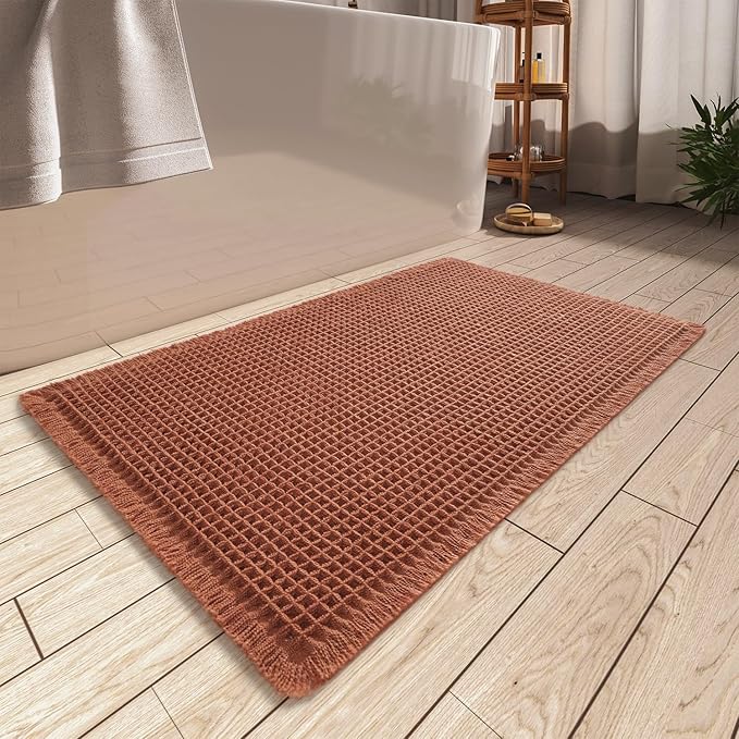AMOAMI Upgraded Waffle Bath Mat, Super Absorbent Non Slip Bath Mats for Bathroom Floor, Machine Washable Bathroom Rugs with Tassels, Rubber Backed Bathroom Mats, Ultra Soft, 24" x 36", Dirty Orange