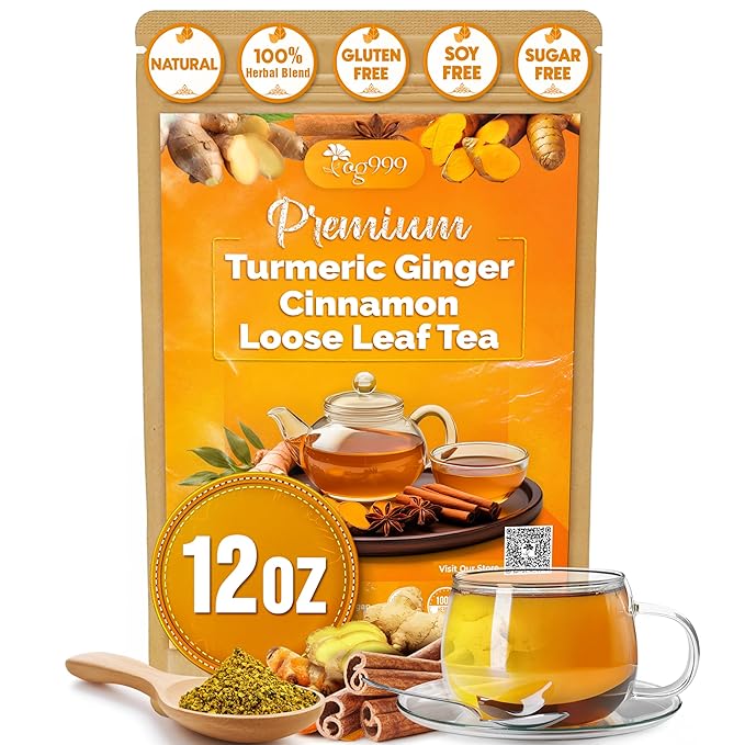 TOG999, Premium 12oz/200 cups Ginger Turmeric Cinnamon Loose Leaf Herbal Tea. Improve Digestion, Support Brain, Weight, Skin and Sleep. Premium Quality Spiced Blend. No Sugar, No Caffeine, No Gluten, Vegan.