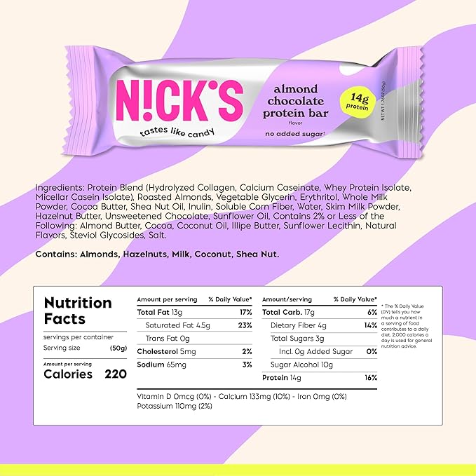 Nick's Protein Bars Chocolate Caramel | 15g protein | 190 calories | Low Carb Keto Friendly Snacks No Added Sugar (Multipack 24 bars x 50g)