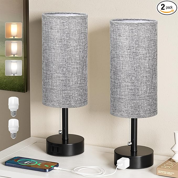 Fenmzee Grey Bedside Table Lamps Set of 2-3 Color Temperatures Pull Chain Lamp with AC Outlet Charging Port, Round Night Stand Lamps for Bedroom Office, Small Bed Side Light with E26 LED Bulbs