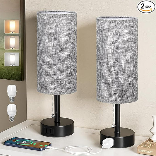 Fenmzee Grey Bedside Table Lamps Set of 2-3 Color Temperatures Pull Chain Lamp with AC Outlet Charging Port, Round Night Stand Lamps for Bedroom Office, Small Bed Side Light with E26 LED Bulbs