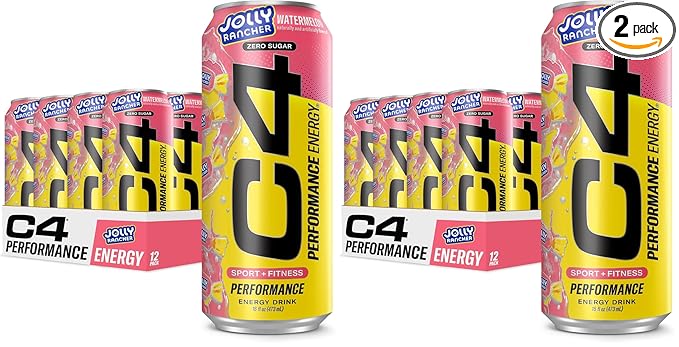 Cellucor C4 Performance Energy Drink | JOLLY RANCHER Watermelon | Zero Sugar Carbonated Preworkout Energy | 200mg Caffeine with Beta Alanine | 16 Fl Oz (24 Pack)