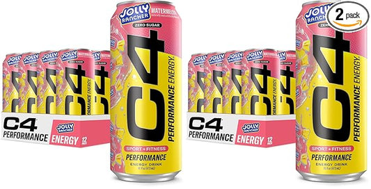 Cellucor C4 Performance Energy Drink | JOLLY RANCHER Watermelon | Zero Sugar Carbonated Preworkout Energy | 200mg Caffeine with Beta Alanine | 16 Fl Oz (24 Pack)
