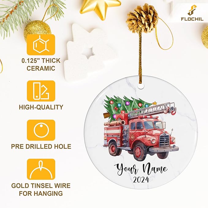 FLOCHIL Personalized Firefighter Ornaments, Custom Fireman Christmas Tree Ornaments with Name, Gifts for Men, Christmas