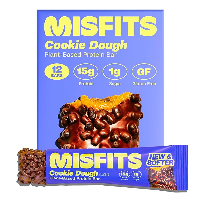Misfits Vegan Protein Bars, Cookie Dough - Updated Recipe | Plant Based, Low Sugar & Carb, High Fiber Snacks | Pack of 12