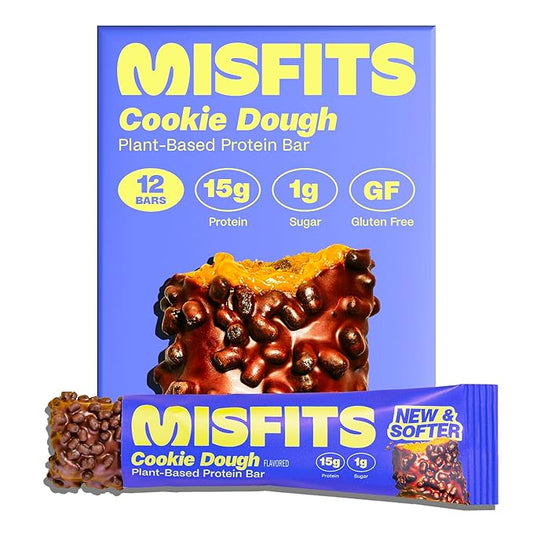 Misfits Vegan Protein Bars, Cookie Dough - Updated Recipe | Plant Based, Low Sugar & Carb, High Fiber Snacks | Pack of 12