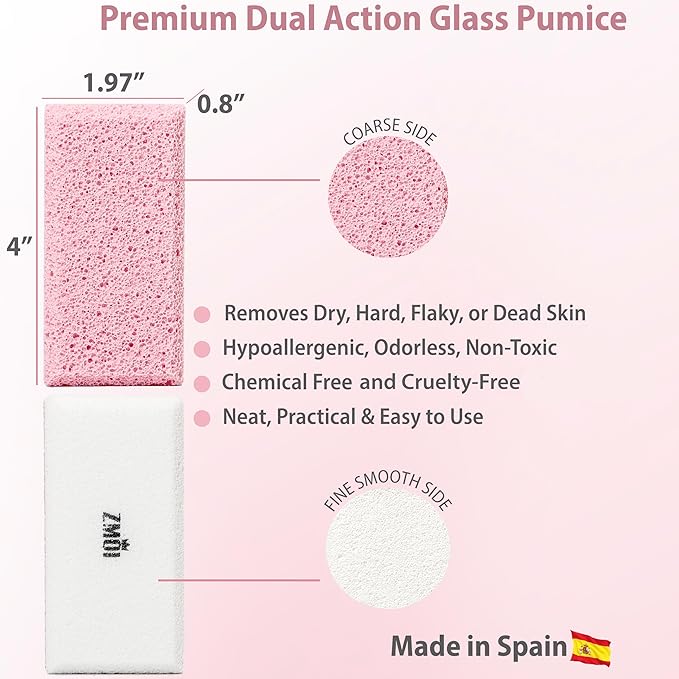 Glass Pumice Stone Callus Remover for Feet, Elbows, Hands, and Knees, Spain Made - 2 in 1 Pedicure Exfoliator and Scrubber for Rough, Hard Skin (Pink Color)