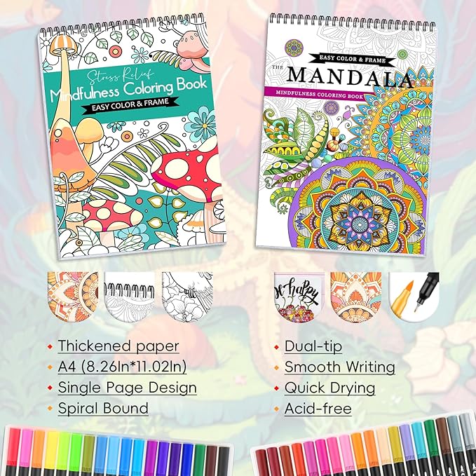 2Pcs Adult Coloring Books with 36 Colors Markers, Mandala Adult Coloring Book for Women Relaxation with 48 Patterns, Colors Markers Set, Anxiety Relief Mindfulness Gifts Original & Hand Drawn