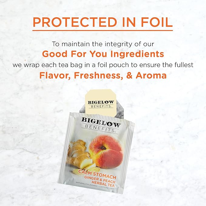 Bigelow Tea Benefits Calm Stomach Ginger Peach Caffeine Free Herbal Bags, 18 Count, Pack of 6