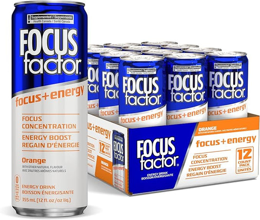 Focus Factor Energy Drink - 12 x 355ml Cans (Orange Flavour) - with Focus + Energy - Lightly Carbonated, Sugar Free, Low Calorie with Vitamin B6 & Vitamin B12