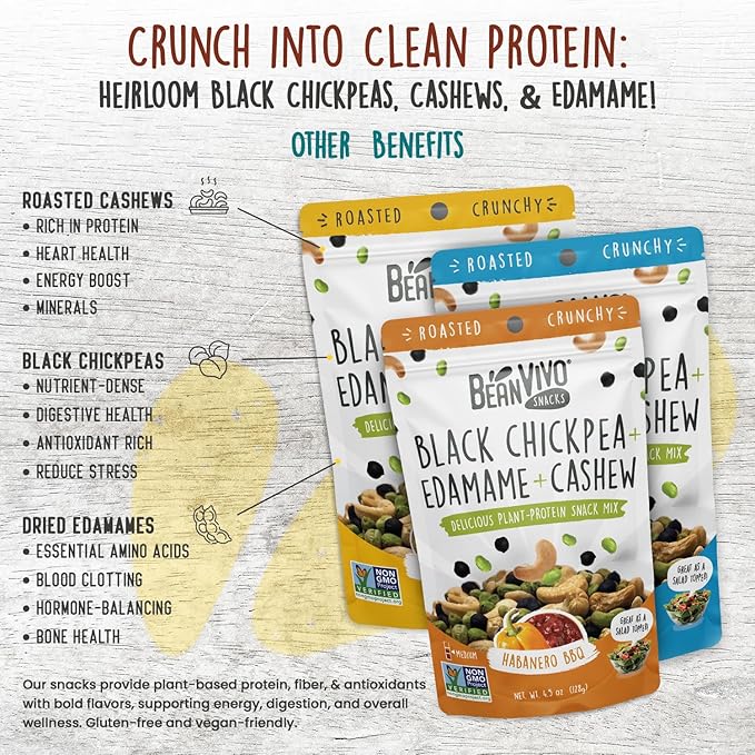 BeanVIVO Healthy Snacks for Adults & Kids with 7g Protein & 5g Fiber per Serving with Dried Edamame, Roasted Cashew and Chickpeas - Vegan & Gluten Free - Keto Friendly & Non-GMO - 3-Pack (4.5 oz Each Pouch)