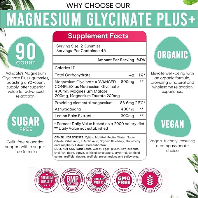 Adndale 90 CT Magnesium Glycinate Gummies 400 mg/Serv with Ashwagandha, Magnesium Malate & Taurate, Sugar Free Chews for Adults & Kids.