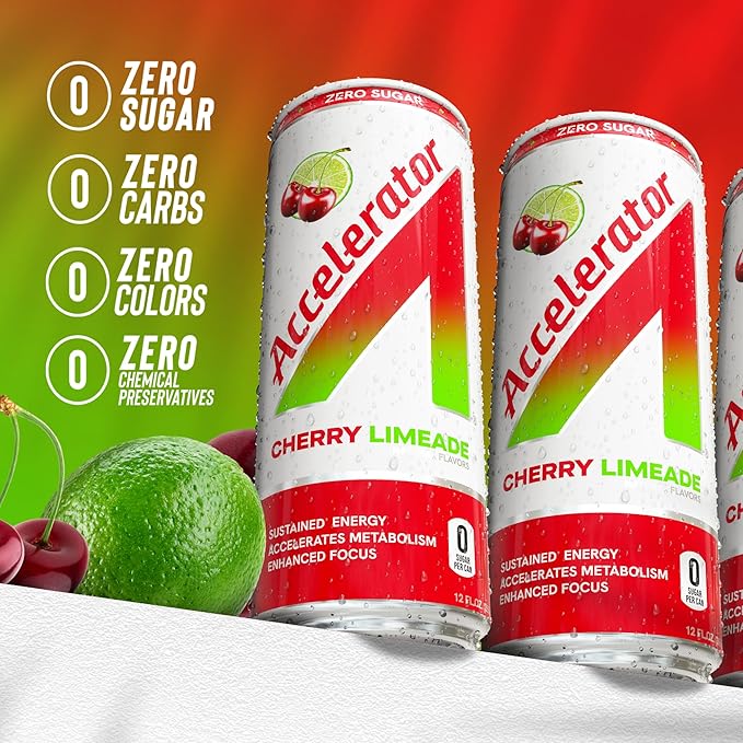 Accelerator Energy Drink Sugar Free, Cherry Limeade 12oz can(12 pack)Zero Sugar Energy Drinks with Sustained Energy from 100% Natural Caffeine (200mg) & Green Tea extract