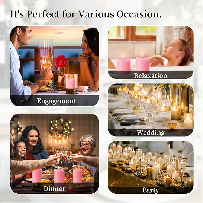 KONNI Pink Pillar Candles Set of 3, 3"x 3" Unscented Pillar Candles Bulk, 30 Hours Long Burning Candles, Smokeless&Dripless Large Round Candle for Wedding, Home Decoration, Parties, Spas, Dinner