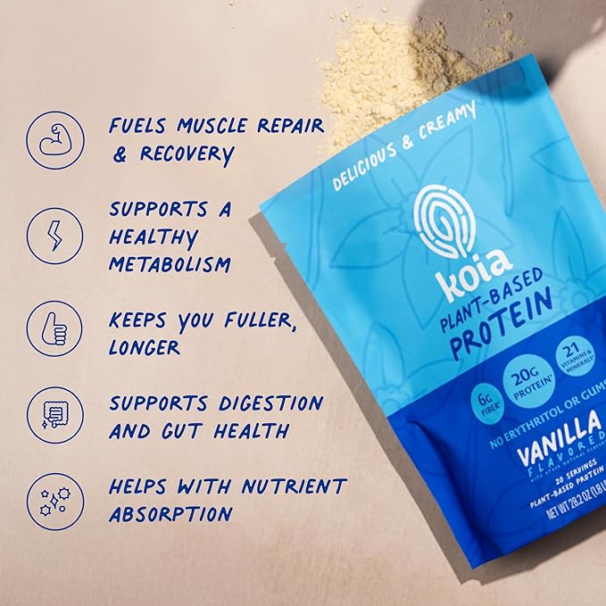 Koia Plant Based Protein Powder, Vanilla, 20g Protein, 3g Sugar, 6g Prebiotic Fiber, Pre & Post Workout, 21 Vitamins & Minerals, No Seed Oils, Dairy-Free, Gluten-Free, Non-GMO, 20 Servings, 28.2 Oz