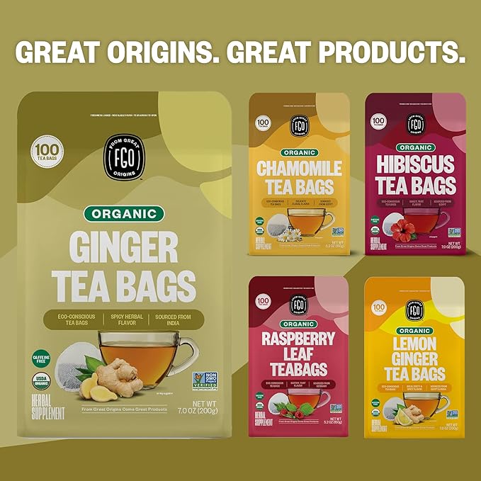 FGO Organic Ginger Tea, 100 Count, Eco-Conscious Tea Bags, Caffeine Free, Packaging May Vary (Pack of 1)