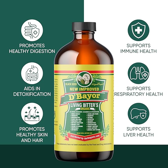 HERBOGANIC D'Bayor Living Bitter 16oz - Natural Blend of Black seed, Bitter Melon, Cinnamon and Seamoss to support Immune System