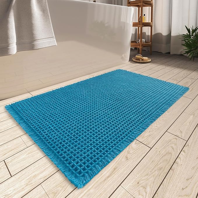 AMOAMI Upgraded Waffle Bath Mat, Super Absorbent Non Slip Bath Mats for Bathroom Floor, Machine Washable Bathroom Rugs with Tassels, Rubber Backed Bathroom Mats, Ultra Soft, 24" x 36", Teal