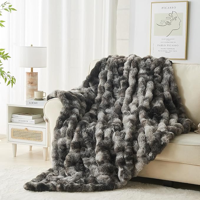Lotus Karen Faux Fur Throw Blanket Tie-Dye Dark Gray - Big Bubble Rabbit Fluff Blanket for Couch, Small Fluffy Fuzzy Cozy Blanket, Thick Furry Plush Shaggy Blankets, 50x60 Inches