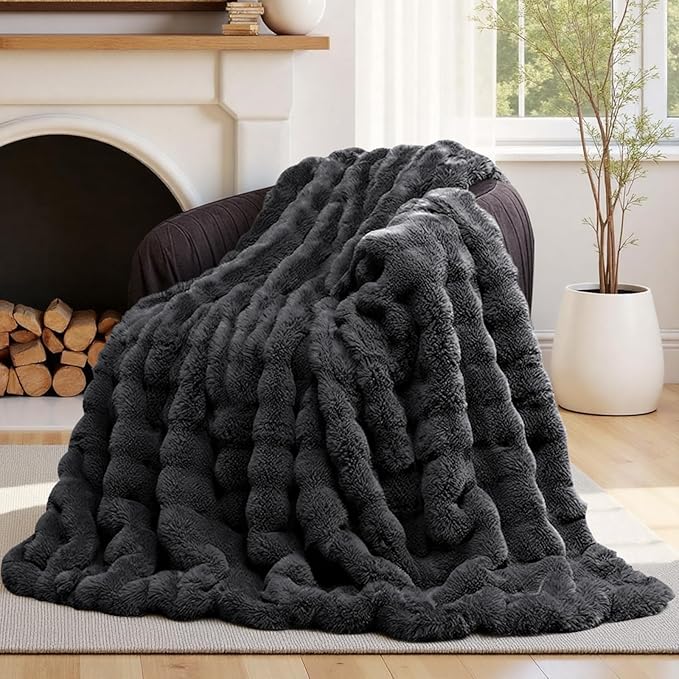 Lotus Karen Faux Fur Throw Blanket Dark Gray - Big Bubble Rabbit Fluff Blanket for Couch, Small Fluffy Fuzzy Cozy Blanket, Thick Furry Plush Shaggy Blankets, 50x60 Inches