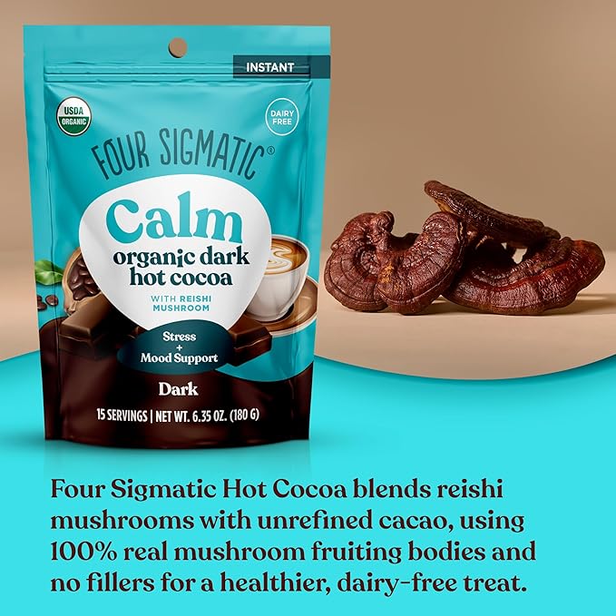 Four Sigmatic Calm Mushroom Cocoa Mix | Organic Dark Hot Cocoa Mix with Reishi Mushroom | Vegan, Dairy Free | 15 Servings