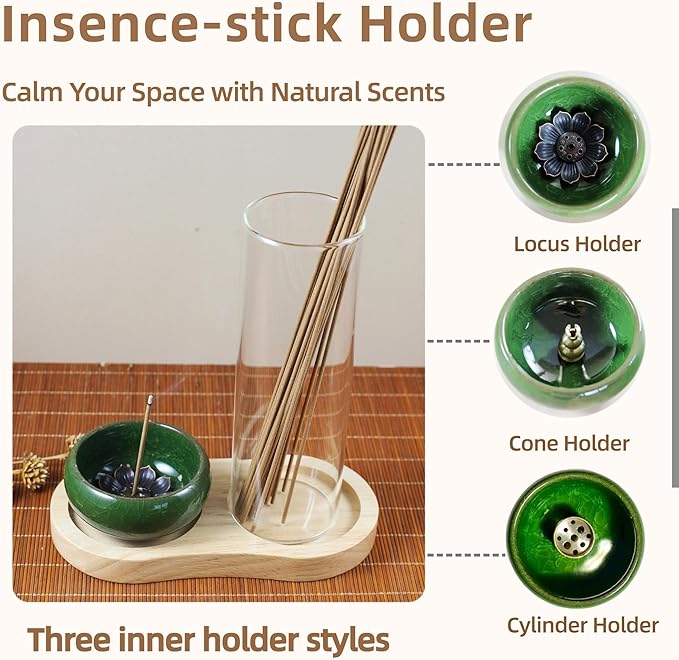 Incense Holder, 2-1Design, for Incense-Sticks,Cones,Ceramic Burner Bowl,for Zen Meditation,Yoga Desktop Decor,with Lotus Stand,Office,Home,Feng Shui & Spiritual Gifts(Natural)