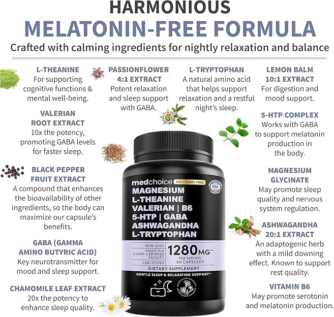 12-in-1 Sleep Support Capsules - Melatonin-Free and Non-Habit Forming Sleep Supplement with a Balanced Blend of Magnesium, Ashwagandha, L-Tryptophan, Valerian Root, GABA and 5-HTP (90 Capsules)