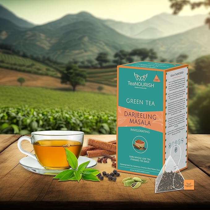 TeaNOURISH Darjeeling Masala Green Tea | 20 Count Pyramid Tea Bags | Whole Leaves | Blended with Cardamom, Cinnamon, Black Pepper & Clove | 100% NATURAL INFUSION