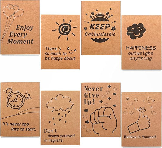 feela 8 Pack Cute Kraft Notebooks, 8 Designs Mini Pocket A6 Notebook Journal Notepad, Lined Small Motivation Blank Journal Bulk for Women Kids Students Gift School Supplies, 4.1X5.8 in, 80 Pages