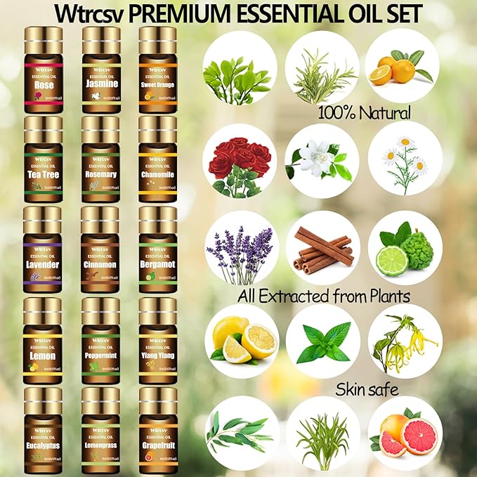 Essential Oils Set - Top 15 Scents for Diffuser, Humidifier, Home Care, Aromatherapy, Massage, Candle & Soap Making - Nice Gift for Family & Friends