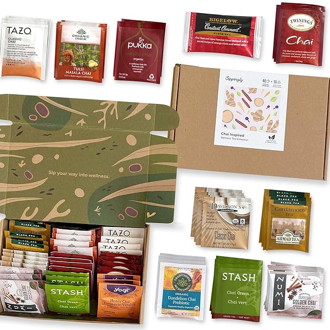 Chai Tea Sampler by Sippingly – 40 Tea Bags, 10 Delicious Chai Blends – Chai Tea Assortment Gift Set – All-Natural, Vegan, Kosher, Gluten-Free – Ideal Gift for Chai Enthusiasts Who Crave Rich, Aromatic Tea Experiences