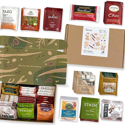 Chai Tea Sampler by Sippingly – 40 Tea Bags, 10 Delicious Chai Blends – Chai Tea Assortment Gift Set – All-Natural, Vegan, Kosher, Gluten-Free – Ideal Gift for Chai Enthusiasts Who Crave Rich, Aromatic Tea Experiences