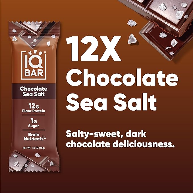 IQBAR Brain and Body Plant Protein Bars - Chocolate Sea Salt - 12-Count - Keto, Vegan, Low Carb, High Fiber, Gluten Free, Dairy Free, Low Sugar Snack with Nutrients for Focus, Energy, Meal Replacement