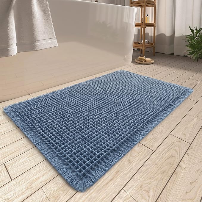 AMOAMI Upgraded Waffle Bath Mat, Super Absorbent Non Slip Bath Mats for Bathroom Floor, Machine Washable Bathroom Rugs with Tassels, Rubber Backed Bathroom Mats, Ultra Soft, 18" x 30", Blue
