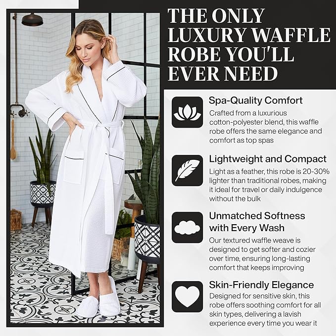 Lotus Linen Waffle Robes for Women - Lightweight Cotton Kimono Bathrobe - Long Soft Spa Bath Robe
