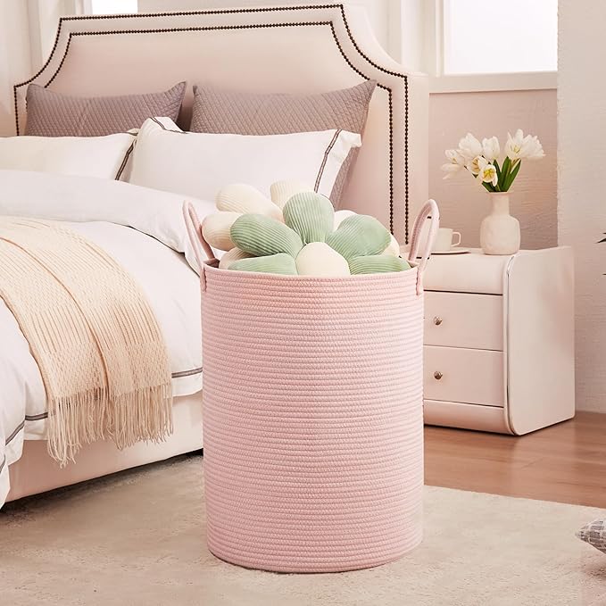 80L Extra Large Pink Hamper Laundry Basket for Baby Girls Tall Nursery Hamper for Kids Woven Rope Clothes Basket for Little Girls Room Bedroom Light Pink Kawaii Tall Laundry Bin