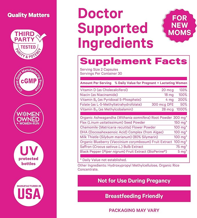 Pink Stork Postpartum Mood Support - Postnatal Hormone Balance for Women - Breastfeeding Friendly - Stress & Cognitive Support, New Mom Essentials - Ashwagandha, Chamomile, & Vitamin D, 60 Capsules