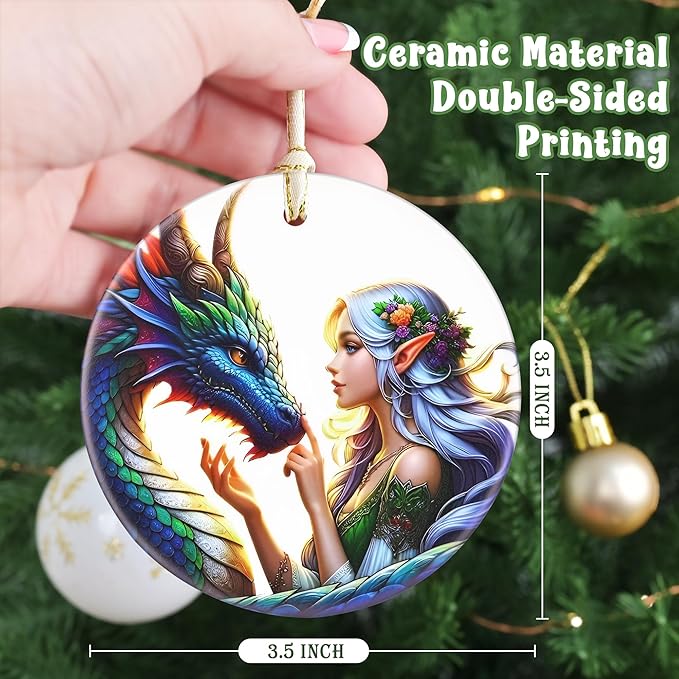 Elf & Dragon 3.5 Inch Ceramic Christmas Hanging Ornament - Tree Decoration & Gift for Christmas & Holiday Present Exchange