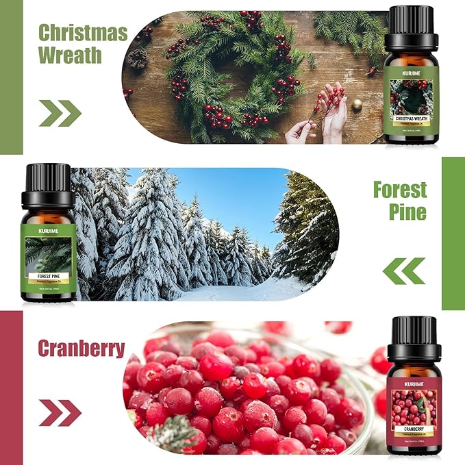 Essential Oils Set, Winter Scents Fragrance Oil Essential Oils for Diffusers for Home - Christmas Wreath, Gingerbread, Fireplace, Cranberry, Forest Pine, Winter Mint Scented Oil, 6x10ml