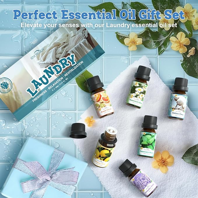 Laundry Fragrance Oils Set, SNOWSEN Clean Essential Oils for Diffuser, Wool Dryer Balls, Cotton Clean, Chamomile Bliss, Fresh Citrus, Lavender Field,Peppermint Burst, Lemon Zest, Freshie Scented Oil
