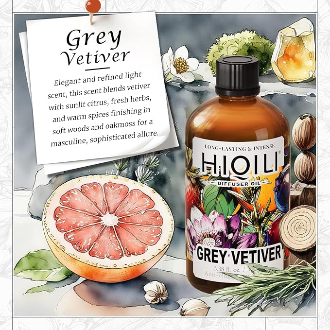 HIQILI Grey Vetiver Diffuser Oil, Fast Diffusion for Large Spaces, Pet - Safe, Suitable for Home and Other Scenarios - 3.38 Fl Oz