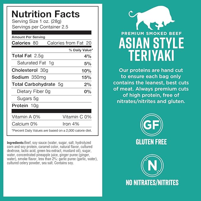 Chef's Cut Beef Jerky Meat, Teriyaki (2.5 Ounce Bags, Pack of 4) - High Protein, 10g Protein, 80 Calories, Gluten-Free, Premium Lean Smoked Beef, Keto Friendly Snack, Low Carb Snack