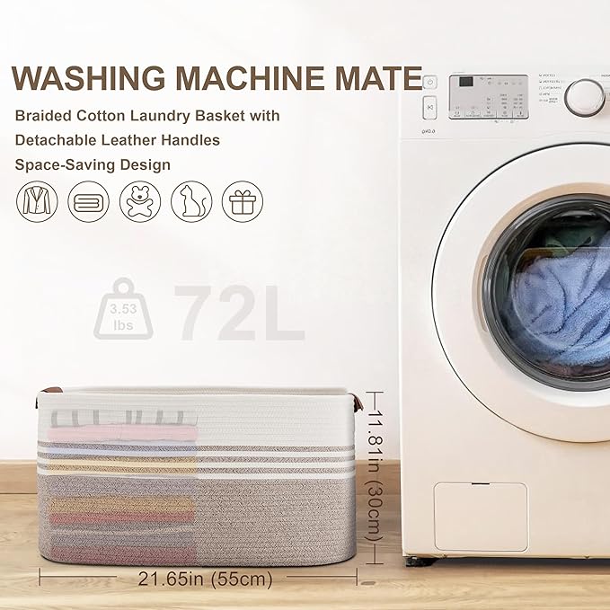 72L Large Laundry Basket with Leather Handles for Living Room Storage, Woven Rope Baskets Bin for Blanket, Kids Toy, Gifts, Wicker Hamper for Bedroom Dirty Clothes, 22"x17"x12" White Brown