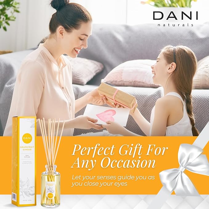 DANI Naturals Reed Diffuser Set - Fresh Grapefruit Ginger Scent - Aromatherapy Essential Oils - Alcohol-Free, Non-Toxic, Eco-Friendly - 10 Sticks - 3.5 oz