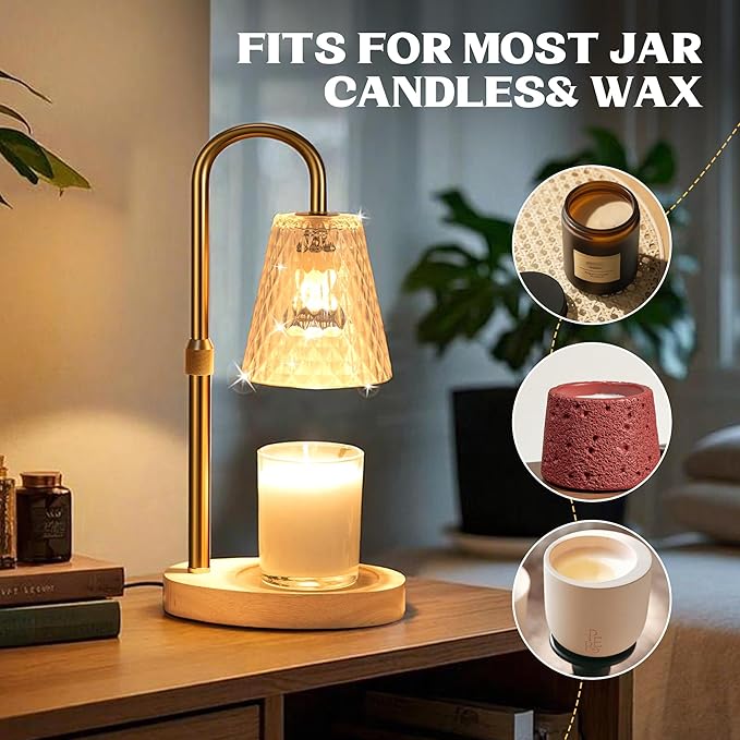 Candle Warmer Lamp with Timer: Electric Candles Warmers Adjustable Height Dimmable - Large Wax Candle Warmers Lamps Scented Flower Light - Home Decor Vintage Wood Base Shade Heat Modern Style Gold