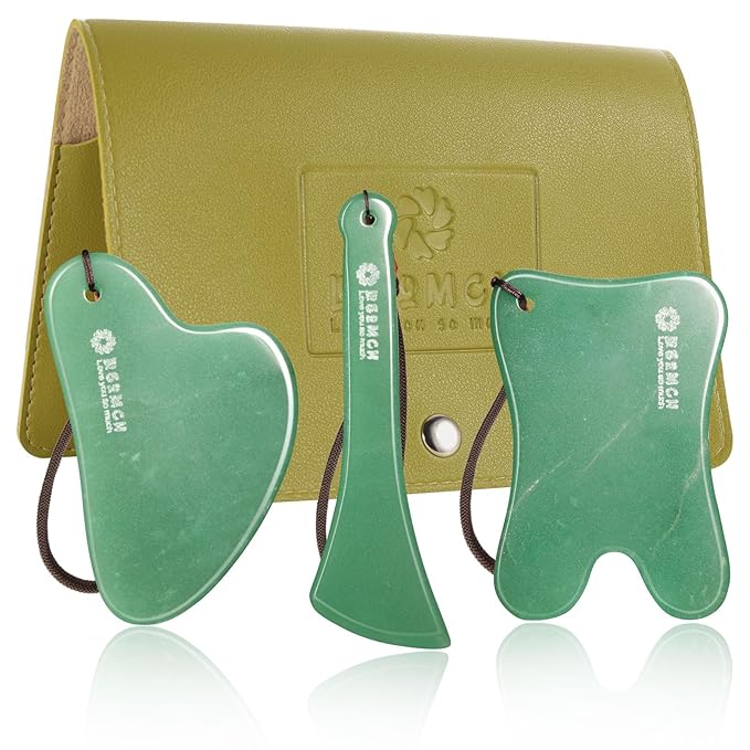 3PC Gua Sha Tools Set - Natural Nephrite Jade Facial & Body Stones, Hypoallergenic Skin Care Kit with Adjustable Cord & A Thoughful Acessory Pouch