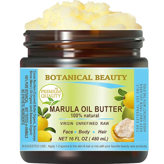 Botanical Beauty MARULA OIL BUTTER RAW VIRGIN UNREFINED for Face, Body, Hair, Lip, Nails, Dry Skin, Cracked Hands, Rosacea, Eczema, Rashes, Itchiness, Redness, Anti-Aging (16 Fl Oz)