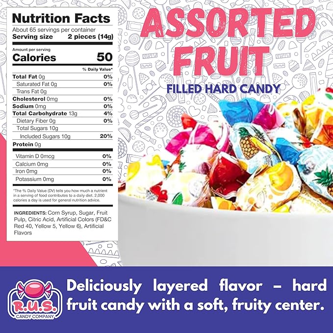 Fruit Filled Hard Candy 3 lb – Individually Wrapped, Old Fashioned Bulk Candy, 5 Assorted Flavors, Hard Shell and Chewy Center by R.U.S. Candy Company (3 Pound)