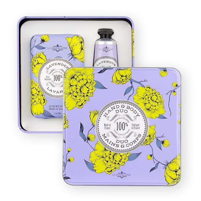 La Chatelaine Lavender Triple Milled Bar Soap and 20% Shea Butter Hand Cream Gift Set, Gift for Mom, Decorative Tin, Plant-Based, Natural & Organic, Made in France (7 oz. soap bar, 1 oz. hand lotion)
