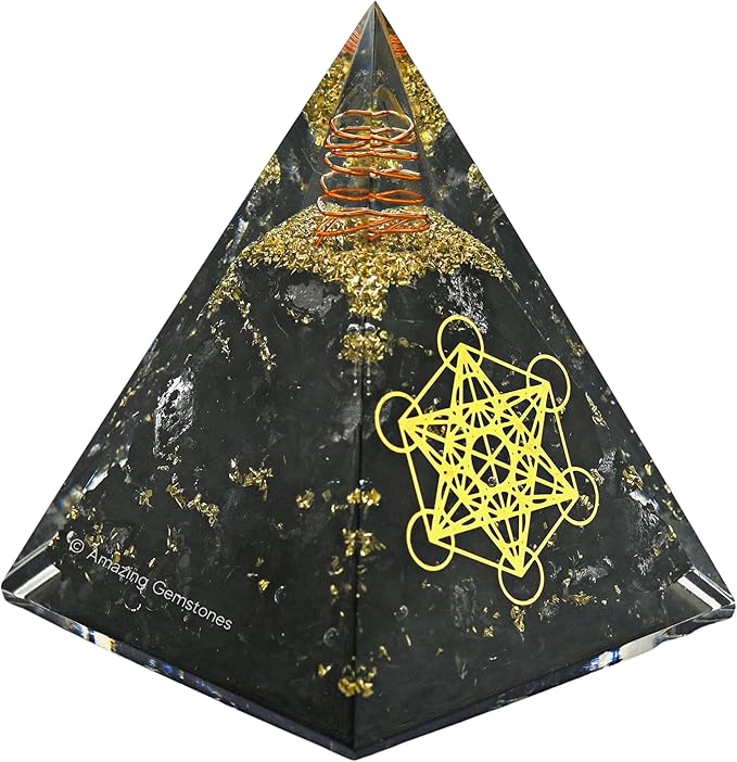 Amazing Gemstone Organite Orgone Pyramid Extra Large 105 MM - Metatron Cube Orgone Energy Pyramid with Black Tourmaline Crystals and Healing Stone - Orgonite Pyramids Crystals and Positive Energy